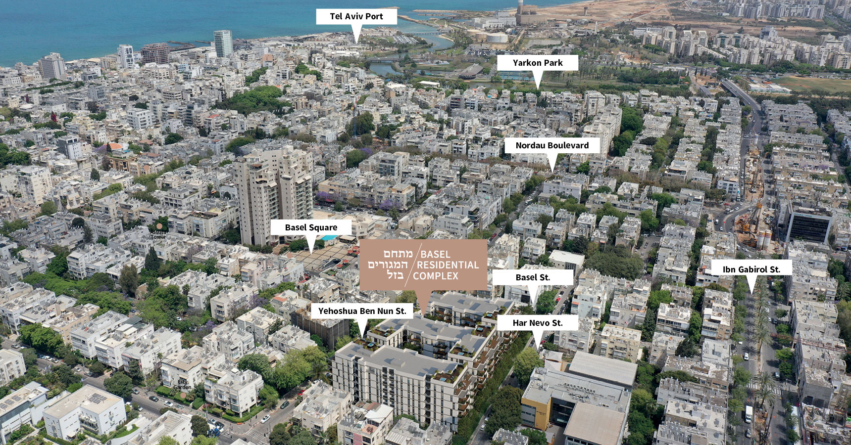 Basel Tel Aviv near Bazel, Joshua Ben Nun, Har Nevo, Ibn Gvirol, Nordau Blvd., Hayarkon Park, Tel Aviv Port
